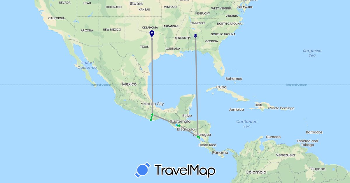 TravelMap itinerary: driving, bus, plane, boat in Guatemala, Mexico, Nicaragua, United States (North America)