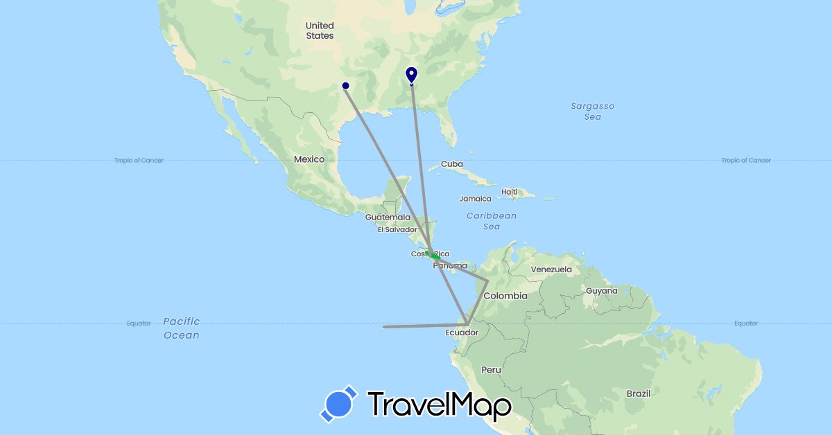 TravelMap itinerary: driving, bus, plane in Colombia, Costa Rica, Ecuador, United States (North America, South America)