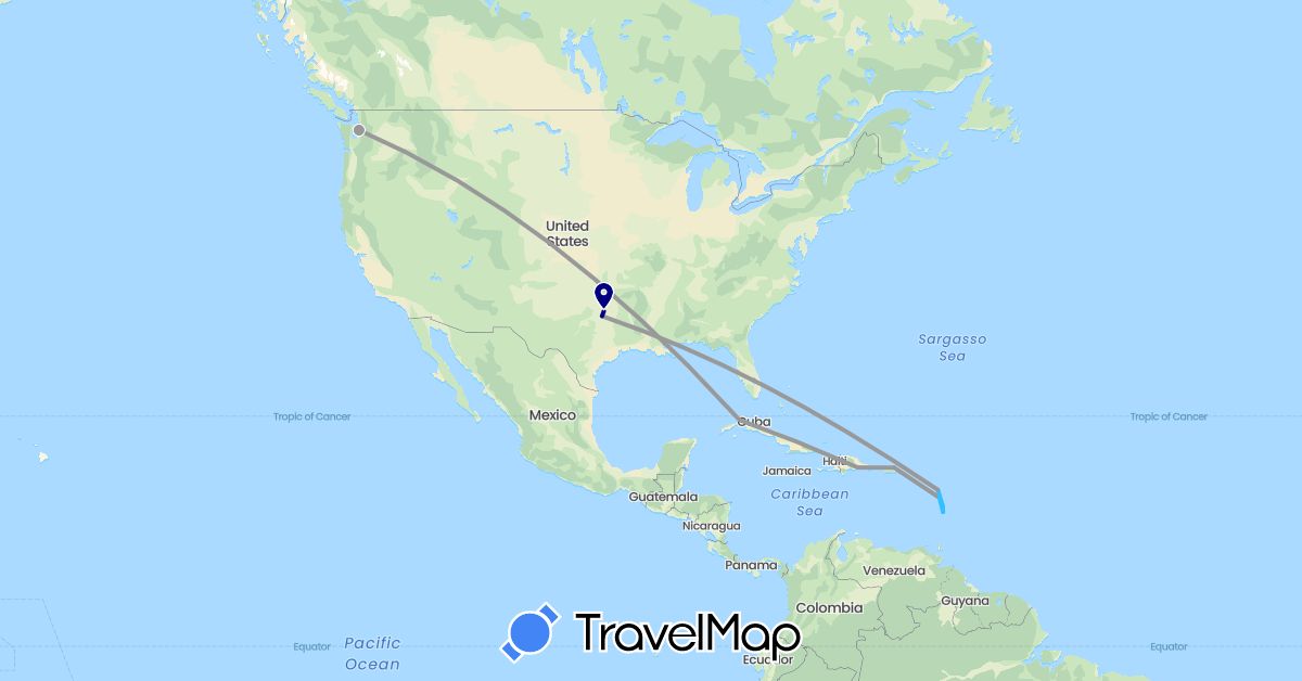 TravelMap itinerary: driving, plane, boat in Cuba, Dominica, Dominican Republic, Guadeloupe, Saint Lucia, Martinique, United States (North America)