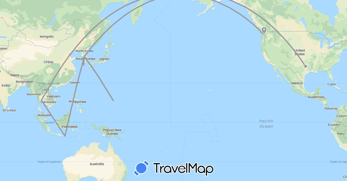 TravelMap itinerary: plane in Indonesia, South Korea, Thailand, United States (Asia, North America)