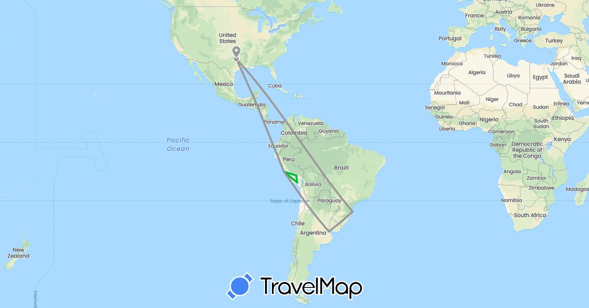 TravelMap itinerary: driving, bus, plane in Argentina, Brazil, Peru, United States (North America, South America)
